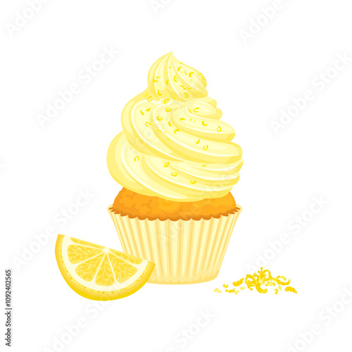 Lemon cupcake with bright yellow whipped cream and lemon zest. Vector cartoon flat illustration. Sweet food icon