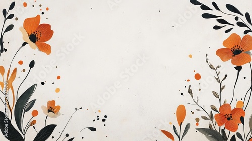 A floral design featuring orange flower and green leaves on a light background, ideal for invitations.