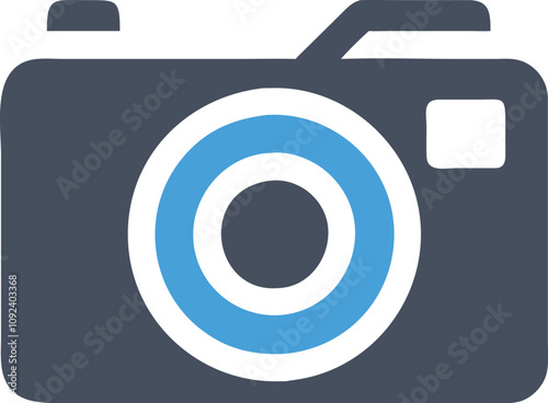 Digital Camera Illustration with Lens, Flat-style illustration of a digital camera featuring a detailed lens, symbolizing photography, imaging technology, and professional equipment.