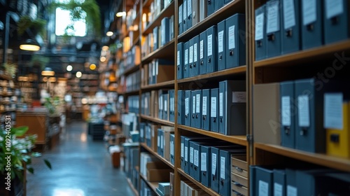 Organized Archive with Shelves of Document Boxes in a Modern Library Environment Featuring Natural Light and Greenery for Study and Research Purposes