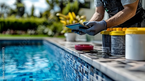 Pool Technician Using Tablet For Pool Maintenance