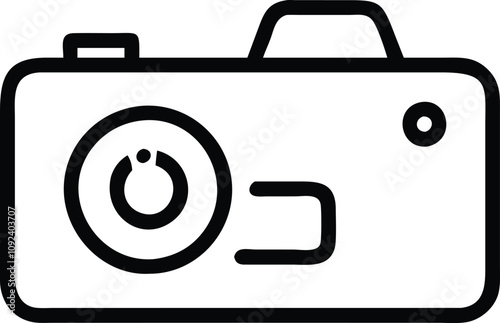 Digital Camera Line Art Icon, Black and white line art illustration of a digital camera with a detailed lens, symbolizing photography, imaging devices, and modern technology.
