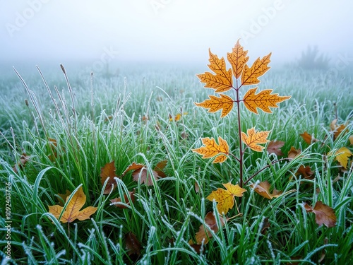 A misty morning with frosty grass and autumn leaves in a meadow, tree branches, green meadow, misty morning photo