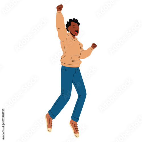 Excited man celebrating success with a joyful jump. Festive minimalist design on white.