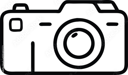 Digital Camera Line Art Icon, Black and white line art illustration of a digital camera with a detailed lens, symbolizing photography, imaging devices, and modern technology.
