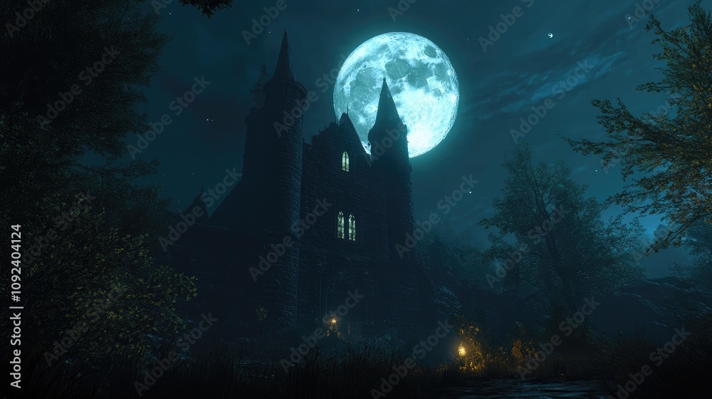 Obraz premium Haunted castle under a full moon casting an eerie glow, surrounded by dark foliage, ideal for a spooky Halloween ambiance.