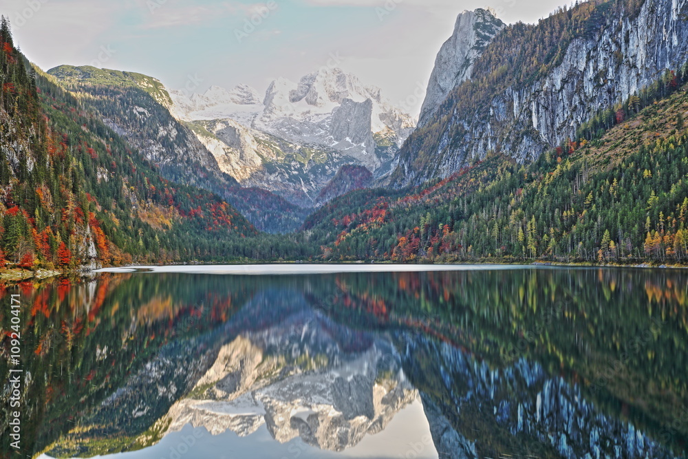 Colorful Autumn scenery and reflections on The Vorderer Gosausee (lower lake), Salzkammergut, Styria, Austria, Europe, with the Dachstein mountains in the background