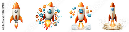 keyword and SEO clipart concept. Four colorful rockets, each depicted with unique effects, showcasing themes of launch and exploration.  white background 