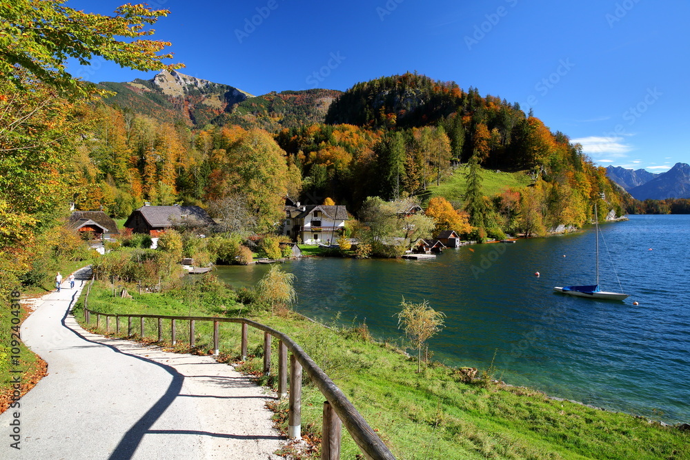 Colorful Autumn scenery with the hamlet Brunnwinkl in Saint Gilgen on the lake side Wolfgangsee, Salzkammergut, Styria, Austria, Europe