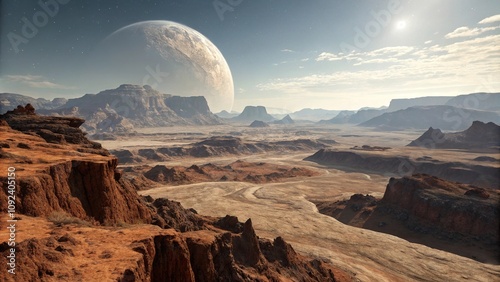 An otherworldly landscape of craters and canyons on a distant planet's surface with a rocky terrain in the foreground, crater, planet, geological formations photo