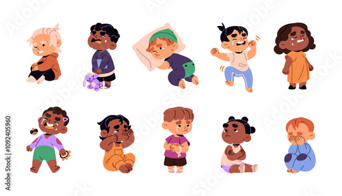 Unhappy children are naughty, crying set. Sad kids with negative emotions weeping. Sobbing babies wipe tears from face. Cute infants screaming. Flat isolated vector illustrations on white background
