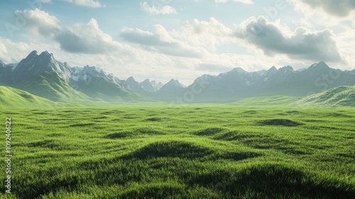 Lush Green Meadow Blanketed in Waves of Grass with Majestic Distant Mountains Under a Bright Sky and Soft Fluffy Clouds
