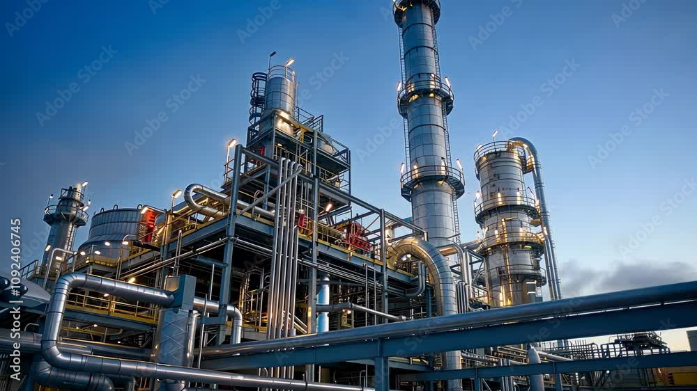 Industrial facility with tall towers and extensive piping against a clear sky. Industrial facility with tall towers and extensive piping against a clear sky.