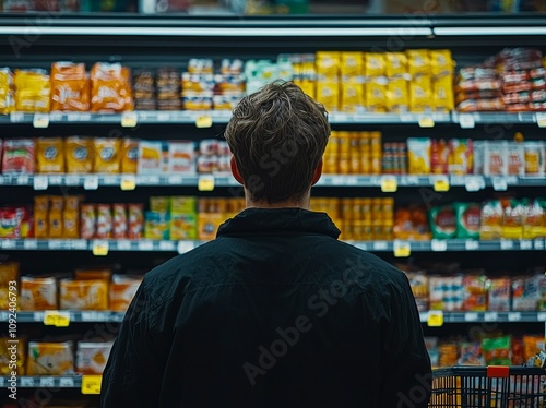 A person stands in a grocery store aisle, facing shelves filled with colorful packaged goods. photo