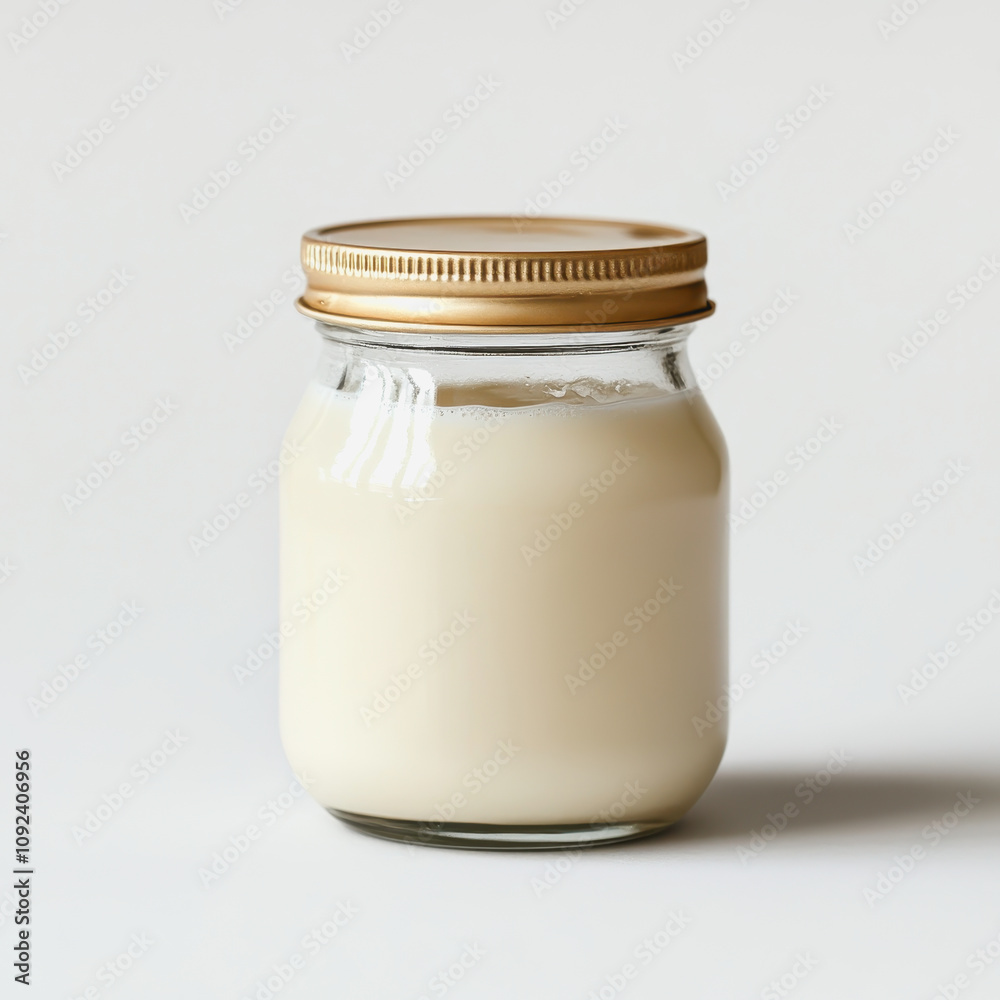 Fresh White Creamy Milk in a Glass Jar with a Golden Lid on a Minimalist Background for Culinary and Dairy Related Concepts Fresh White Creamy Milk in a Glass Jar with a Golden Lid on a Minimalist Background for Culinary and Dairy Related Concepts