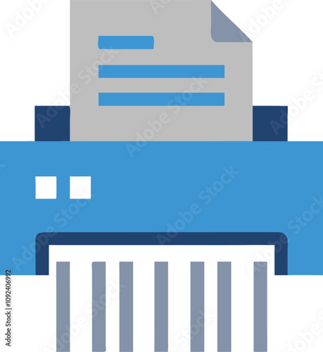Paper Shredder Icon with Document, Colorful illustration of a paper shredder with a document being shredded, symbolizing office equipment, document disposal, and data security.

