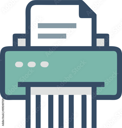 Paper Shredder Icon with Document, Colorful illustration of a paper shredder with a document being shredded, symbolizing office equipment, document disposal, and data security.
