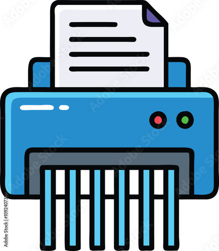Paper Shredder Icon with Document, Colorful illustration of a paper shredder with a document being shredded, symbolizing office equipment, document disposal, and data security.
