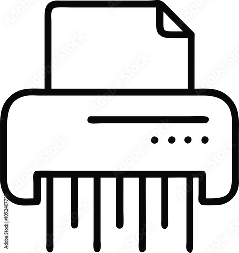 Paper Shredder Line Art Icon, Black and white line art illustration of a paper shredder with a document, symbolizing office equipment, secure document disposal, and data protection.
