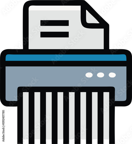 Paper Shredder Icon with Document, Colorful illustration of a paper shredder with a document being shredded, symbolizing office equipment, document disposal, and data security.
