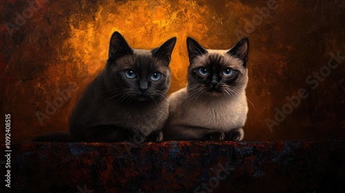 Silver gray tabby domestic cat beside a seal point Siamese cat with striking blue eyes against a dramatic orange and brown background. photo