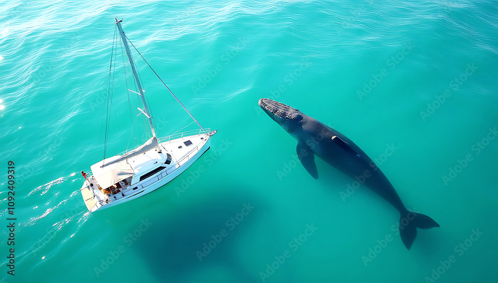 Obraz premium An aerial view of a white sailboat with a beige canopy, floating on calm turquoise waters