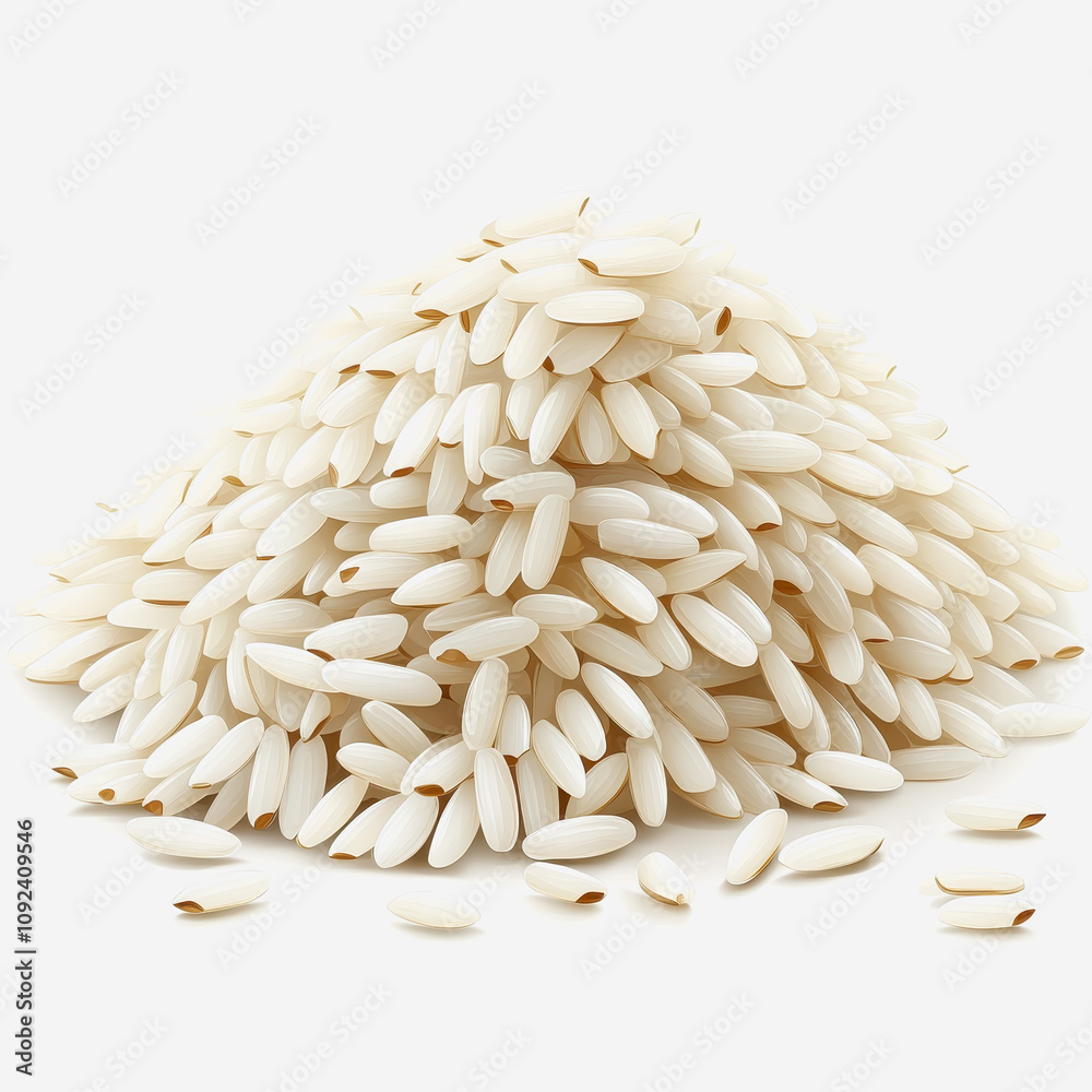 Obraz premium Pile of Raw White Rice Grains on a Light Background Showcasing the Texture, Shape, and Natural Beauty of Uncooked Rice for Culinary and Food Photography