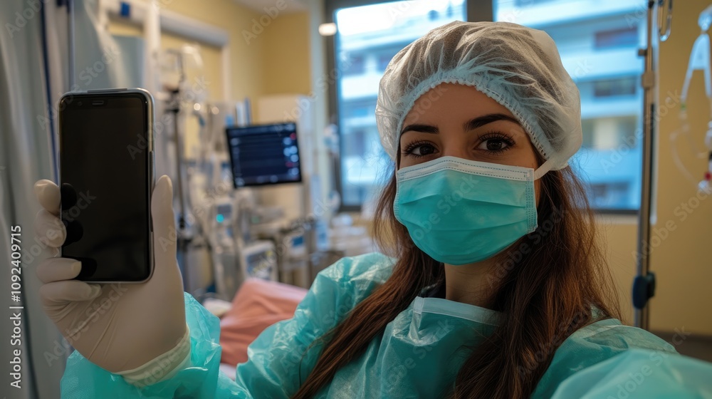 Female patient in face mask happily taking a selfie in a hospital room after a successful medical procedure, showcasing quality care and satisfaction. Female patient in face mask happily taking a selfie in a hospital room after a successful medical procedure, showcasing quality care and satisfaction.