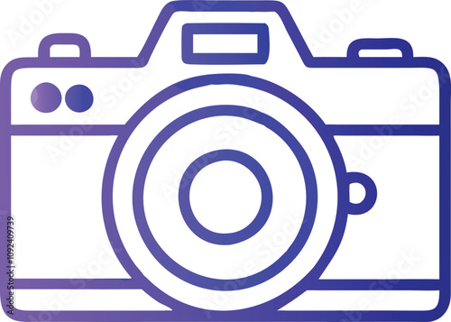 Digital Camera with Lens Illustration, Flat-style vector illustration of a digital camera with a prominent lens, representing photography, imaging devices, and professional equipment.
