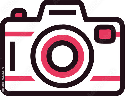 Digital Camera with Lens Illustration, Flat-style vector illustration of a digital camera with a prominent lens, representing photography, imaging devices, and professional equipment.
