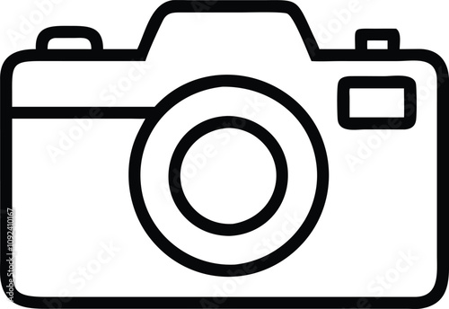 Camera Line Art Icon, Black and white line art illustration of a camera, symbolizing photography, digital imaging, and modern photographic equipment.
