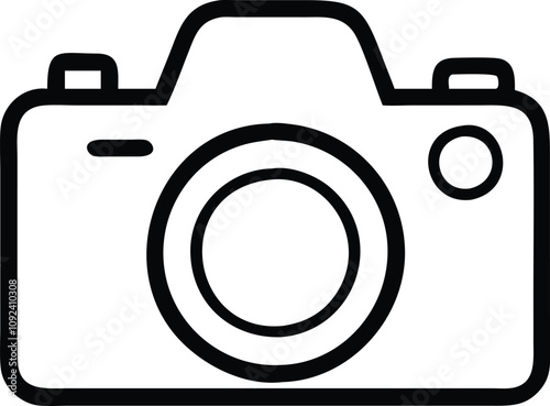 Camera Line Art Icon, Black and white line art illustration of a camera, symbolizing photography, digital imaging, and modern photographic equipment.
