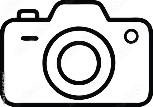Camera Line Art Icon, Black and white line art illustration of a camera, symbolizing photography, digital imaging, and modern photographic equipment.
