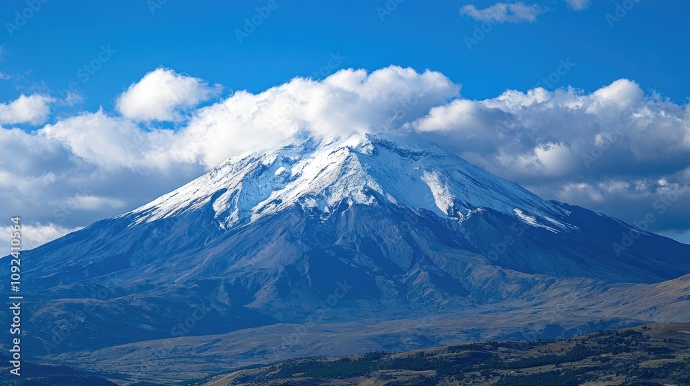 Majestic Snow-Capped Mountain Peak Under a Bright Blue Sky Surrounded by Fluffy White Clouds and Rolling Hills Majestic Snow-Capped Mountain Peak Under a Bright Blue Sky Surrounded by Fluffy White Clouds and Rolling Hills