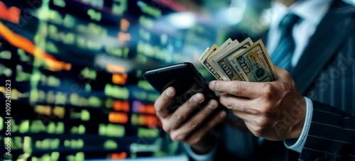 Businessman hold phone and dollar cash money with diagram chart stock market business on monitor screen background. Economy global trading exchange. Generative video AI technology.