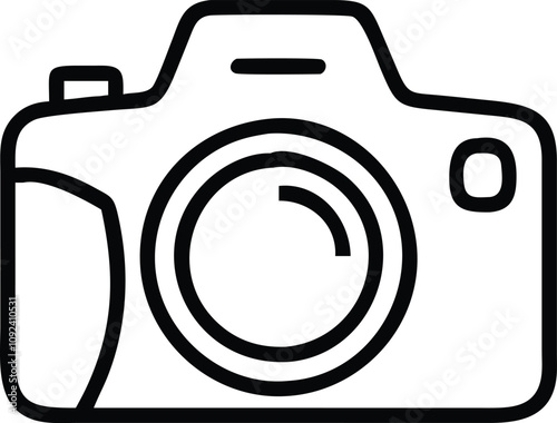 Camera Line Art Icon, Black and white line art illustration of a camera, symbolizing photography, digital imaging, and modern photographic equipment.
