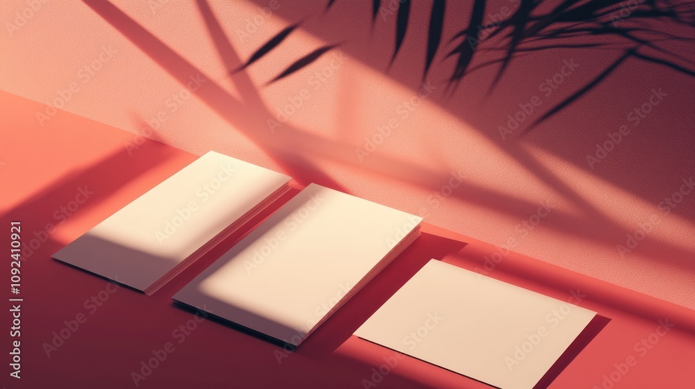 Naklejka premium Stationery set showcasing blank business cards and a brochure elegantly positioned on a vibrant duotone background with soft shadow effects.