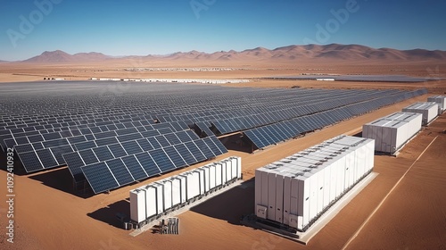 Vast Solar Farm With Energy Storage Units In Desert Landscape