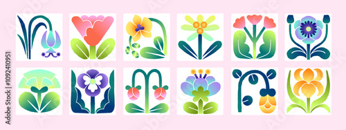 Cards with abstract flowers set. Collage of trendy floral icons in gradient style. Modern decoration with wildflowers, stylized blooming plants, geometric shaped leaves. Flat vector illustrations