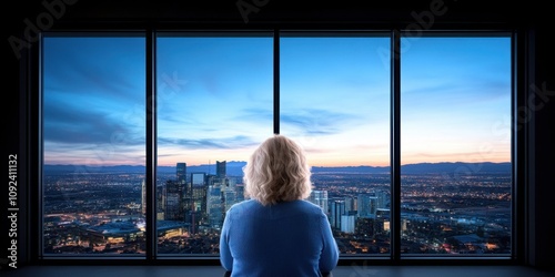 Boss woman and leadership Concept, A person gazes at a city skyline from a high-rise window during twilight, reflecting on the expansive urban landscape before them. photo