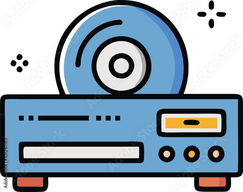 DVD Player with Disc Colorful Illustration, Colorful vector illustration of a DVD player with a disc inserted, symbolizing home entertainment, media playback, and modern electronics.
