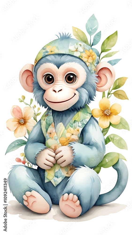 Obraz premium Adorable Watercolor Illustration of a Sewn Floral Patchwork Baby Monkey for Nursery Art.