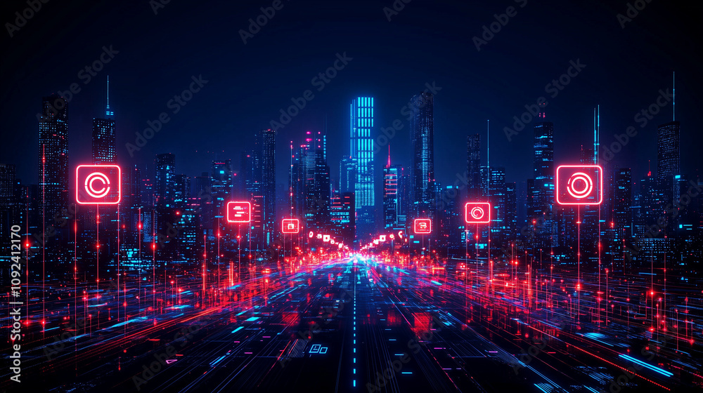 Fototapeta premium A dynamic 5G network concept with high-speed data transfer, representing next-generation communication technology and fast data connectivity.