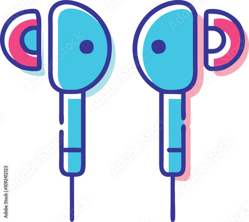 Colorful Wireless Earbuds Illustration, Brightly colored vector illustration of wireless earbuds, symbolizing modern audio technology, music devices, and portable sound accessories.
