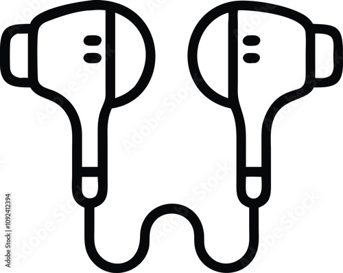 Wired Earbuds Line Art Icon, Black and white line art illustration of wired earbuds, representing audio devices, music accessories, and modern sound technology.
