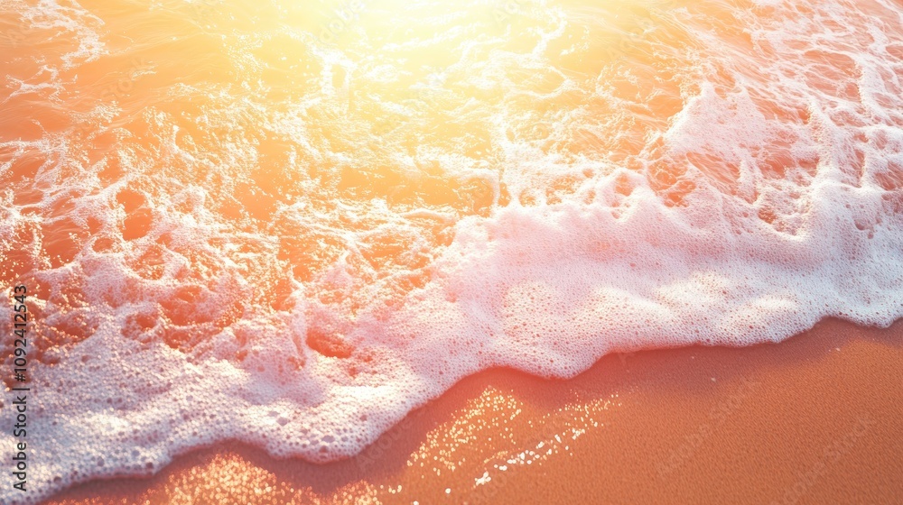 Fototapeta premium Dramatic sunrise or sunset illuminating ocean waves on a sandy beach, creating a serene atmosphere filled with warm light and summer bliss.