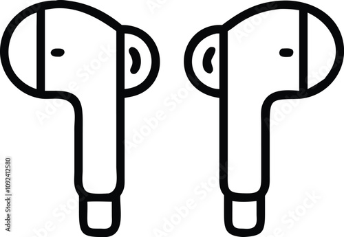Wired Earbuds Line Art Icon, Black and white line art illustration of wired earbuds, representing audio devices, music accessories, and modern sound technology.

