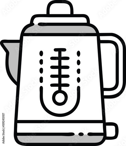 Minimalist Electric Kettle Line Art Icon, Black and white line art illustration of a minimalist electric kettle with a water level indicator, representing kitchen appliances and modern convenience.
