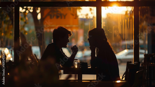 Silhouette of two people sitting and talking in a cafe 