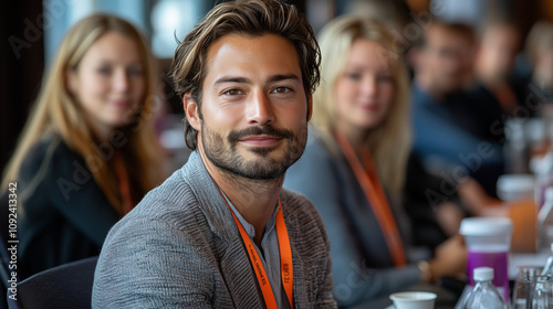 A man attending a conference on philosophy and human thought, deeply engaged in discussions and exploring new ideas related to human consciousness, ethics, and intellectual growth. photo